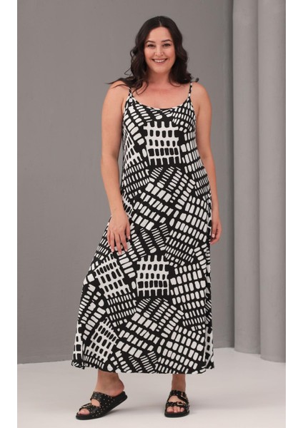 Kadın Büyük Beden Siyah, Desenli Ip Askılı Viskon Elbise 65N39081