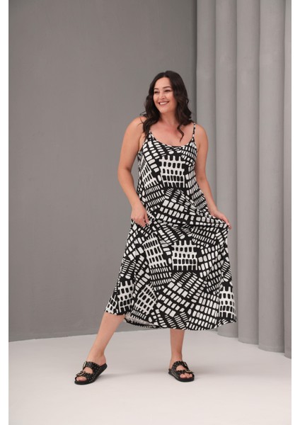 Kadın Büyük Beden Siyah, Desenli Ip Askılı Viskon Elbise 65N39081 modelleri