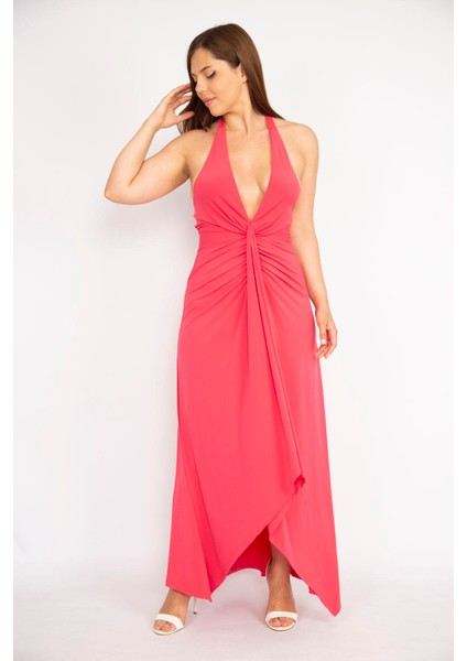 Kadın Fujya Büyük Beden Boyundan Bağlamalı Göğüs Büzgülü Uzun Elbise