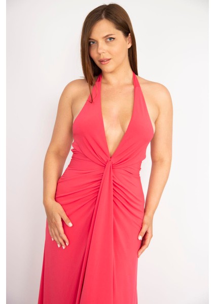 Kadın Fujya Büyük Beden Boyundan Bağlamalı Göğüs Büzgülü Uzun Elbise indirimleri