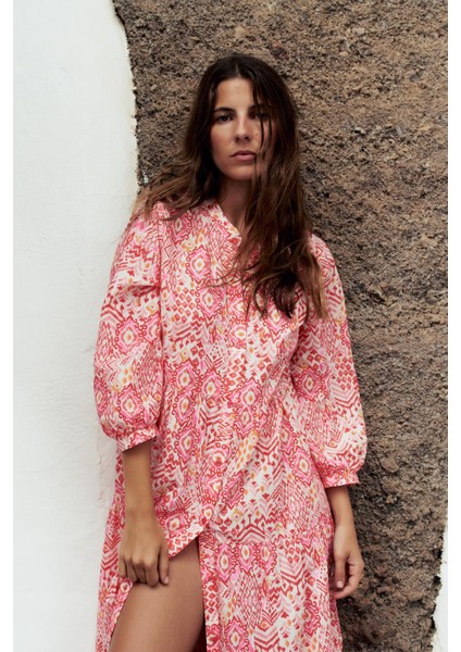 Kadın Büyük Beden Pembe, Ön Boy Düğmeli ,truvakar Kol Bohem Elbise 65N38962