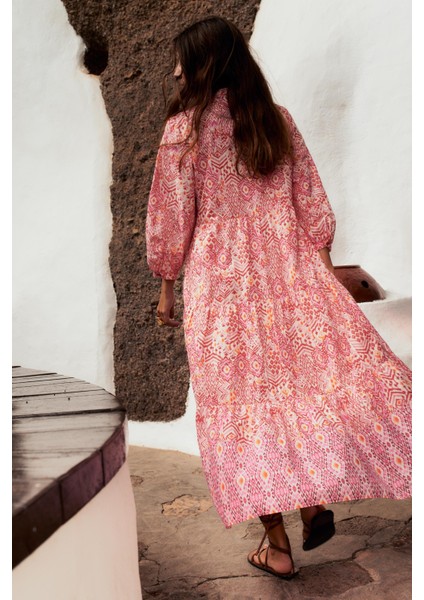 Kadın Büyük Beden Pembe, Ön Boy Düğmeli ,truvakar Kol Bohem Elbise 65N38962 fiyatları