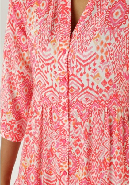 Kadın Büyük Beden Pembe, Ön Boy Düğmeli ,truvakar Kol Bohem Elbise 65N38962 fırsatları