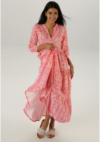 Kadın Büyük Beden Pembe, Ön Boy Düğmeli ,truvakar Kol Bohem Elbise 65N38962 indirimleri