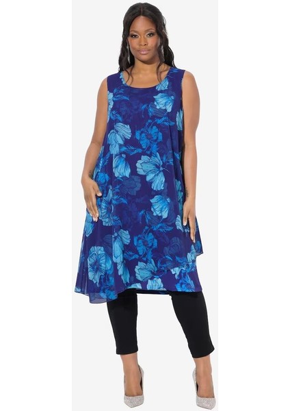 Kadın Büyük Beden Saks, Çiçek Desenli , Şifon Detaylı Elbise 65N38966