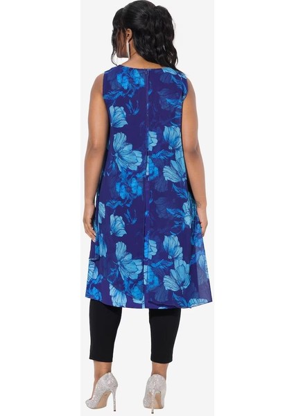 Kadın Büyük Beden Saks, Çiçek Desenli , Şifon Detaylı Elbise 65N38966 fiyatları