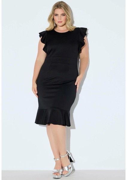 Kadın Büyük Beden Siyah, Scuba Kumaş, Volanlı Kısa Kollu Elbise 65N39047