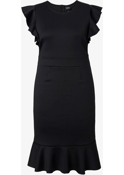 Kadın Büyük Beden Siyah, Scuba Kumaş, Volanlı Kısa Kollu Elbise 65N39047 indirimleri