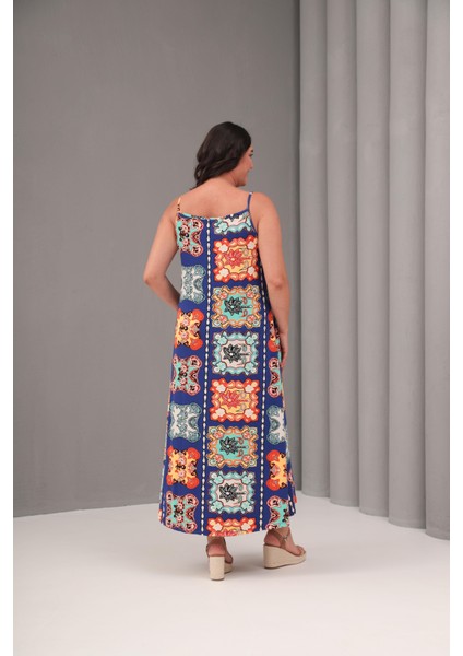 Kadın Büyük Beden Renkli, Çiçek Desenli Ip Askılı Viskon Elbise 65N39081 modelleri