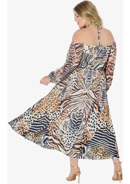 Kadın Büyük Beden Koyu Bej-Siyah, Leopar Desenli, Kollar Şifon Detaylı Boyun Bağlı Elbise 65N39024 fiyatları
