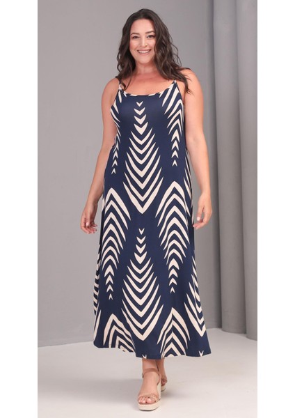 Kadın Büyük Beden Lacivert, Desenli Ip Askılı Viskon Elbise 65N39081