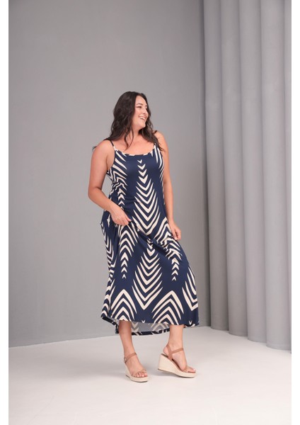 Kadın Büyük Beden Lacivert, Desenli Ip Askılı Viskon Elbise 65N39081 fiyatları