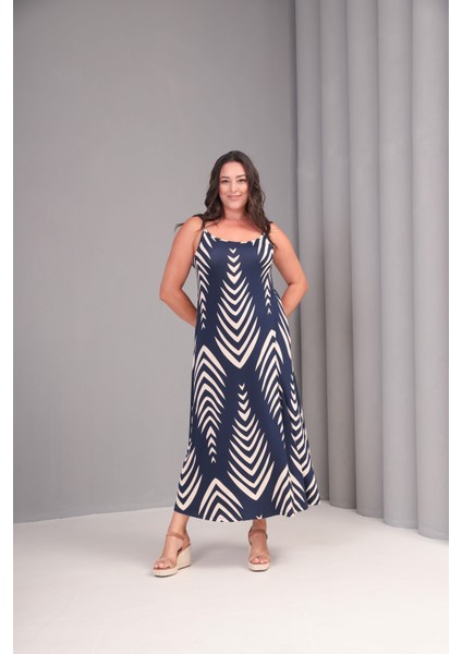 Kadın Büyük Beden Lacivert, Desenli Ip Askılı Viskon Elbise 65N39081 fırsatları