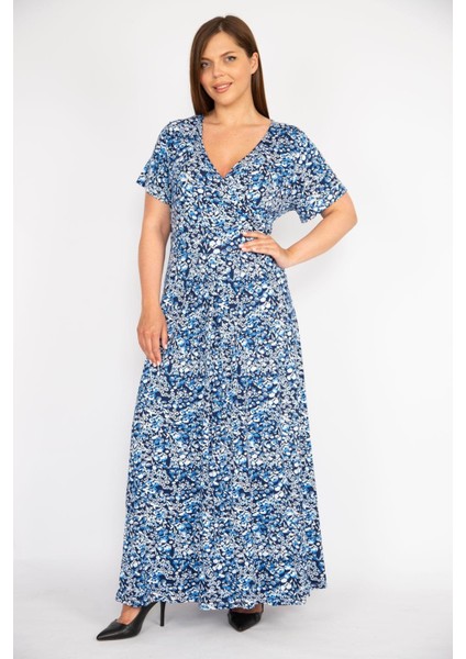 Kadın Mavi Büyük Beden Anvelop Yakalı Likralı Viskon Kumaş Kısa Kollu Uzun Elbise