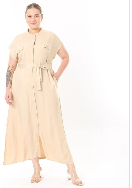 Kadın Büyük Beden Bej, Ön Boy Düğmeli, Kuşaklı Uzun Elbise 65N38956