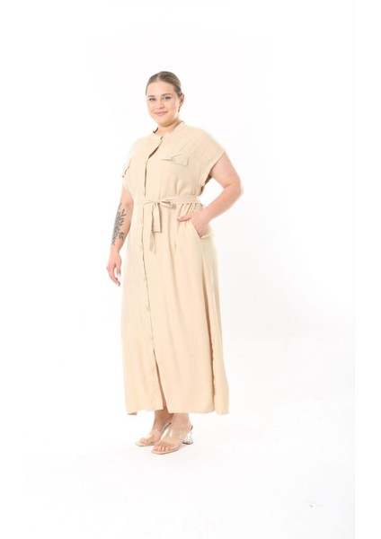 Kadın Büyük Beden Bej, Ön Boy Düğmeli, Kuşaklı Uzun Elbise 65N38956 fiyatları