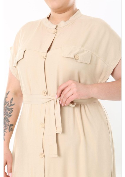 Kadın Büyük Beden Bej, Ön Boy Düğmeli, Kuşaklı Uzun Elbise 65N38956 modelleri