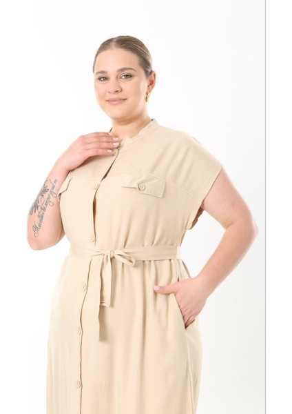 Kadın Büyük Beden Bej, Ön Boy Düğmeli, Kuşaklı Uzun Elbise 65N38956 fırsatları