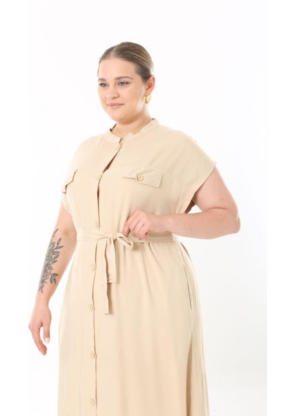 Kadın Büyük Beden Bej, Ön Boy Düğmeli, Kuşaklı Uzun Elbise 65N38956 indirimleri