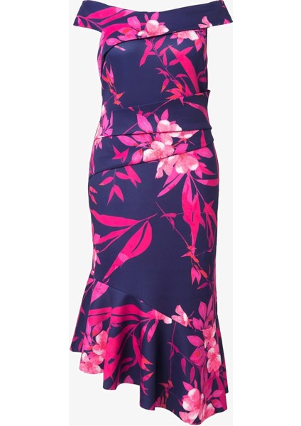 Kadın Büyük Beden Lacivert, Carmen Yaka Asimetrik Kesim Çiçek Desenli Scuba Kumaş Elbise 65N38978 modelleri