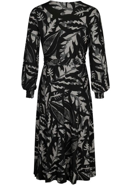 Kadın Büyük Beden Siyah, Yaprak Desenli, Açık Anvelop Elbise 65N39029 modelleri