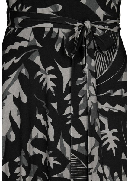 Kadın Büyük Beden Siyah, Yaprak Desenli, Açık Anvelop Elbise 65N39029 indirimleri