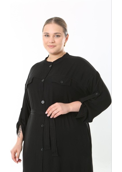 Kadın Büyük Beden Siyah, Ön Boy Düğmeli, Ayarlanabilir Kol, Kuşaklı Uzun Elbise 65N38957 fırsatları