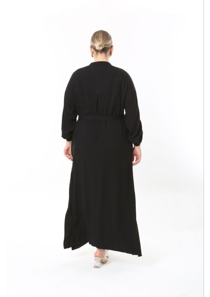 Kadın Büyük Beden Siyah, Ön Boy Düğmeli, Ayarlanabilir Kol, Kuşaklı Uzun Elbise 65N38957 indirimleri