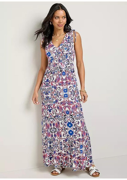 Kadın Büyük Beden Beyaz, Mavi Çiçekli V Yaka Omuz ve Ön Detaylı Elbise 65N39038