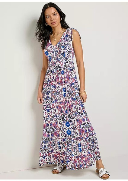 Kadın Büyük Beden Beyaz, Mavi Çiçekli V Yaka Omuz ve Ön Detaylı Elbise 65N39038 fiyatları