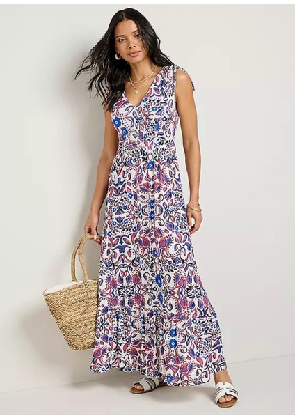 Kadın Büyük Beden Beyaz, Mavi Çiçekli V Yaka Omuz ve Ön Detaylı Elbise 65N39038 modelleri