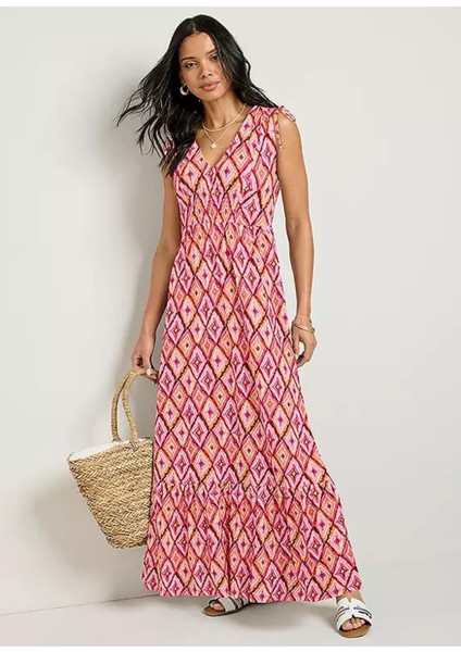 Kadın Büyük Beden Pembe, Gemometrik Desenli V Yaka Omuz ve Ön Detaylı Elbise 65N39038