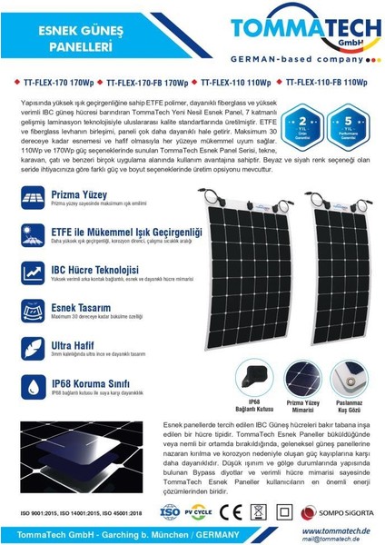 Tommatech 110 Watt Flexible Güneş Paneli modelleri