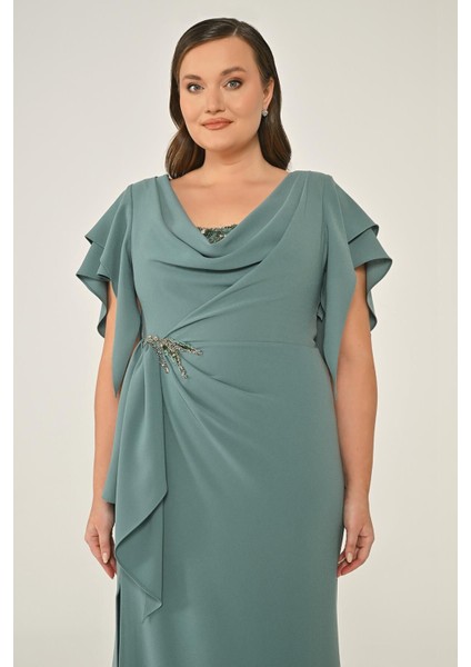 Alfa Beta Kadın Degaje Yaka ve Büzgülü Krep Uzun Abiye Elbise fiyatları