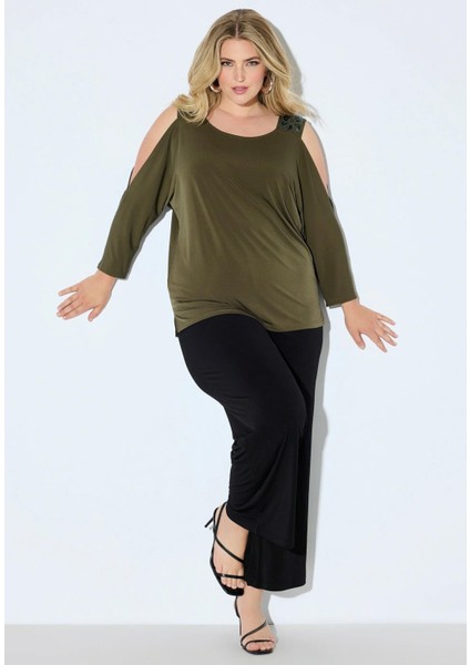 Kadın Büyük Beden Haki, Omuz Açık, Pul ve Boncuk Işli Jarse Bluz 65N38966