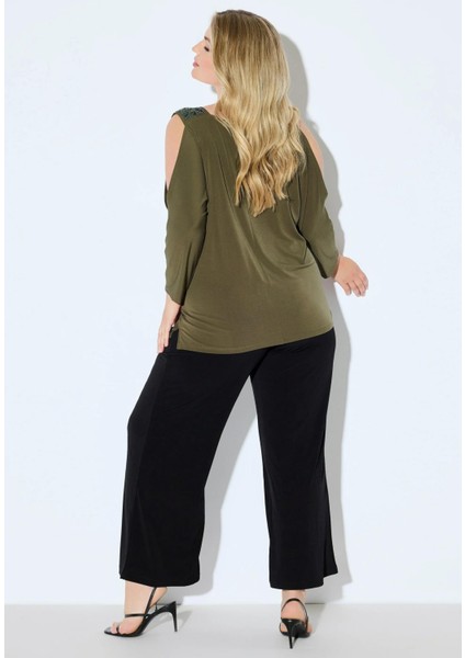 Kadın Büyük Beden Haki, Omuz Açık, Pul ve Boncuk Işli Jarse Bluz 65N38966 fiyatları