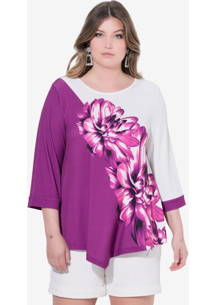 Kadın Büyük Beden Mor, Bisiklet Yaka, Asimetrik Kesim, Çiçek Desenli Bluz 65N38992