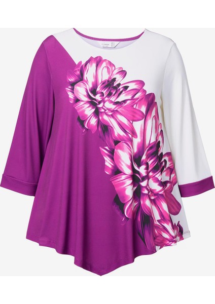 Kadın Büyük Beden Mor, Bisiklet Yaka, Asimetrik Kesim, Çiçek Desenli Bluz 65N38992 modelleri