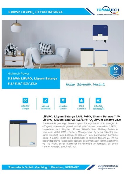 Tommatech Hightech Power Generalpack 5.8kwh Lityum Batarya modelleri