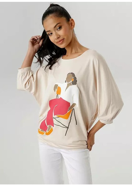 Kadın Büyük Beden Bej, Yarasa Kollu Baskılı Viskon Bluz 65N39043