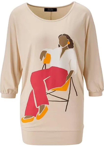 Kadın Büyük Beden Bej, Yarasa Kollu Baskılı Viskon Bluz 65N39043