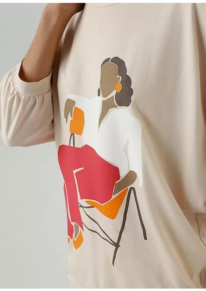 Kadın Büyük Beden Bej, Yarasa Kollu Baskılı Viskon Bluz 65N39043