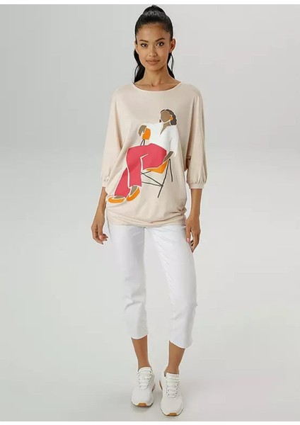 Kadın Büyük Beden Bej, Yarasa Kollu Baskılı Viskon Bluz 65N39043