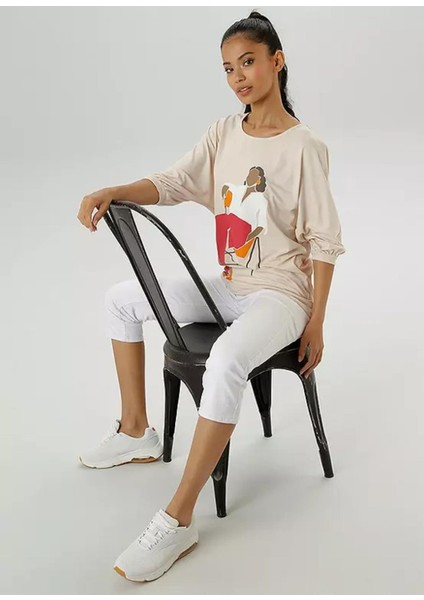 Kadın Büyük Beden Bej, Yarasa Kollu Baskılı Viskon Bluz 65N39043 indirimleri