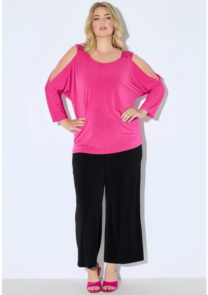 Kadın Büyük Beden Fujya, Omuz Açık, Pul ve Boncuk Işli Jarse Bluz 65N38966