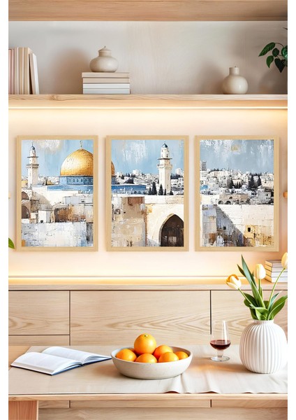 Altın Kubbe ve Kudüs Manzaralı 3’lü Tablo Seti 🕌✨ Kudüs’ün Ruhunu Evinize Taşıyın!🌙 CRVS1239