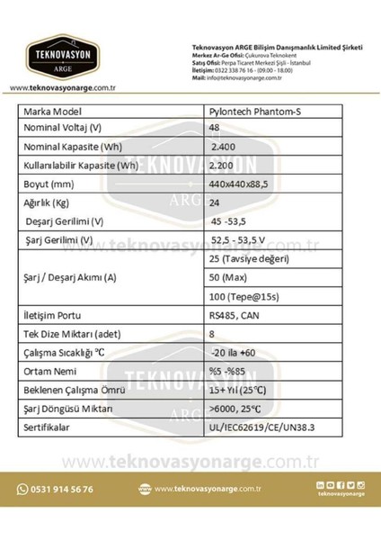 Phantom-S Lityum Akü 48 Volt 50 Amper 2.4 kW fiyatları