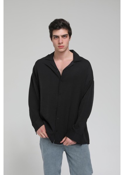 R-3575 Apaş Yaka Uzun Kollu Aerobin Kumaş Oversize Gömlek