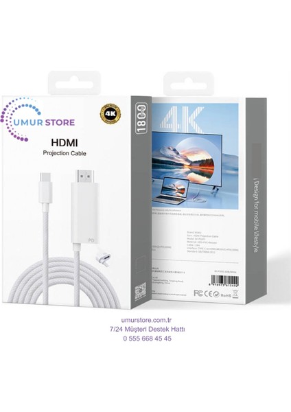 Type-C To HDMI (4K@60Hz) Kablo Wiwu WI-PS001 Pd Şarj ve Projeksiyon Kablosu 1.8m modelleri