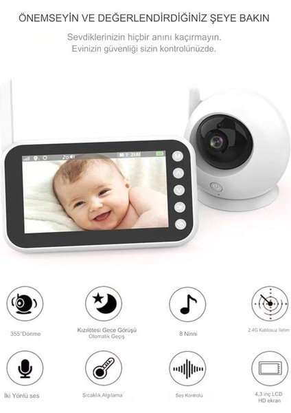 Full hd Bebek Kamerası 2.4 ghz Wireless, 360° Dönen Ptz Gece Görüş, Monitörlü Interkom Özellikli indirimleri